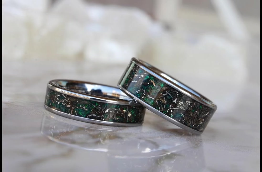 Real Meteorite and Green Opal, Tungsten Wedding Ring Set, His and Hers