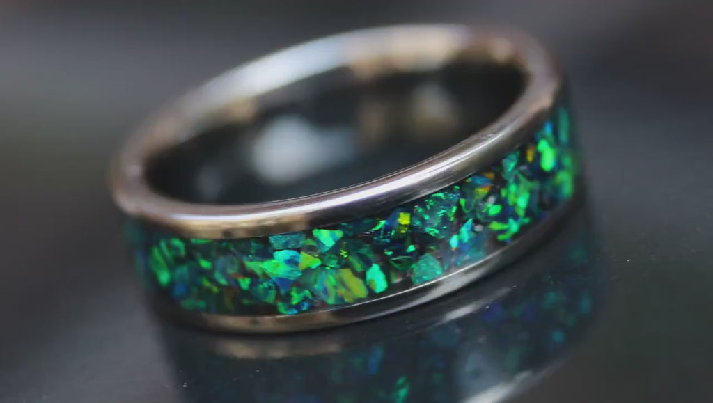 Dark Green With Blue Flash Opal, Tungsten Carbide Anniversary Ring