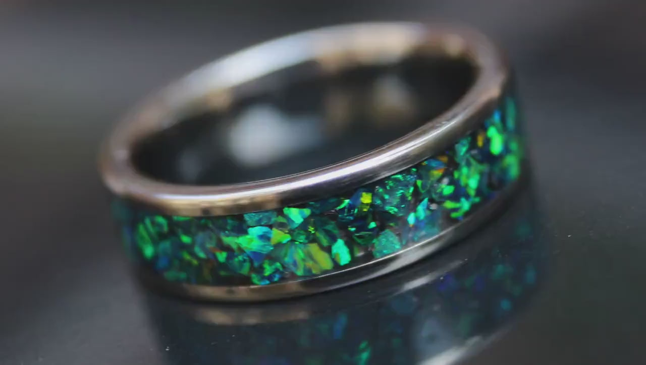 Dark Green With Blue Flash Opal, Tungsten Carbide Anniversary Ring