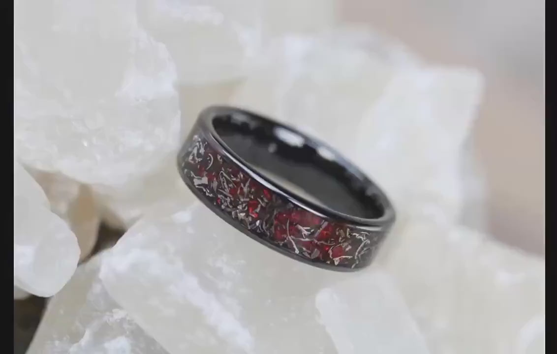 Real Meteorite and Red Opal Titanium Carbide Ring, Unique Black Band