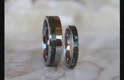 Real Meteorite And Green Opal Tungsten Ring Set, His and Hers Wedding Ring Set