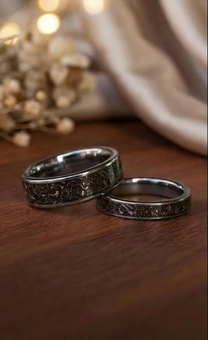 Real Meteorite, Tungsten Carbide Wedding Ring Set, His and Hers Rings, Matching Ring Set, Anniversary Rings, Engagement Rings, Silver Rings