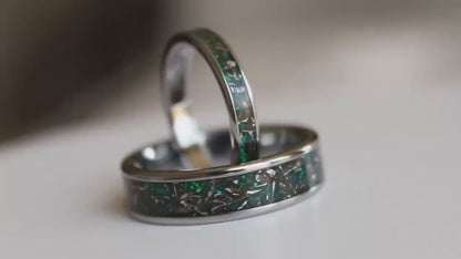 Real meteorite & Green Opal Tungsten Wedding Ring Set, Handmade Wedding Bands