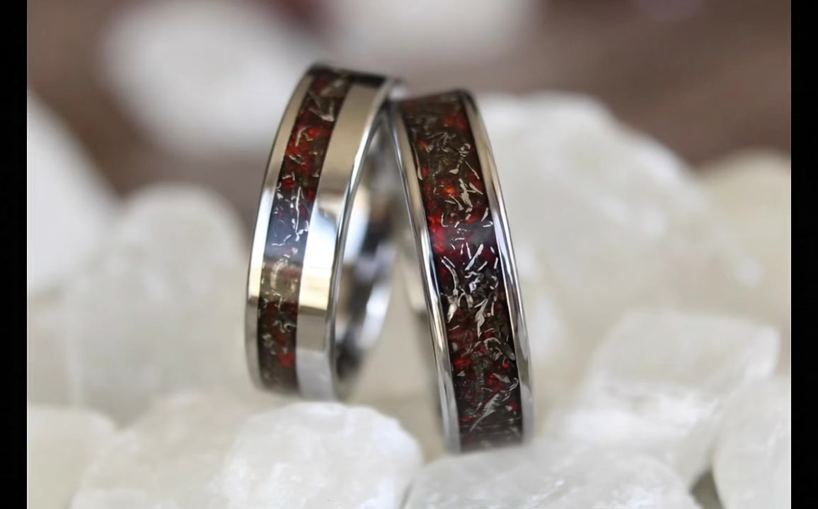 Red Opal and Meteorite Wedding Ring Set