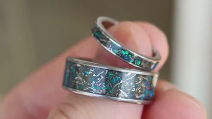 Real Meteorite And Blue Opal Tungsten Wedding Ring Set m