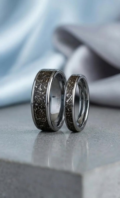 Real Meteorite, Tungsten Carbide Wedding Ring Set, His and Hers Rings, Matching Ring Set, Anniversary Rings, Engagement Rings, Silver Rings