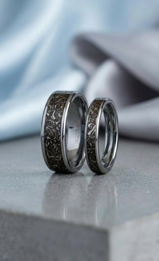 Real Meteorite, Tungsten Carbide Wedding Ring Set, His and Hers Rings, Matching Ring Set, Anniversary Rings, Engagement Rings, Silver Rings