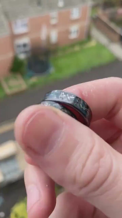 Meteorite green opal titanium wedding ring set, his and hers, Anniversary rings, Engagement rings