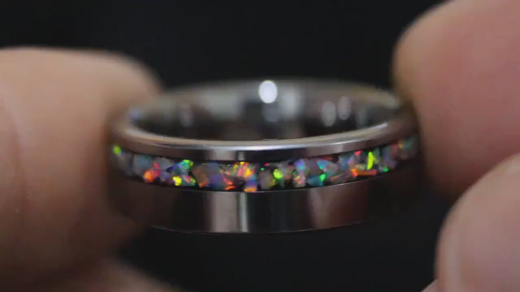 Pastel Rainbow Opal Tungsten Engagement Ring Wedding Band