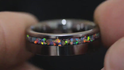 Pastel Rainbow Opal Tungsten Engagement Ring Wedding Band
