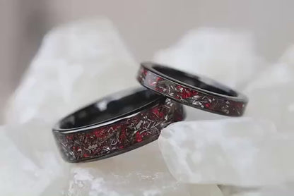 Real meteorite and red opal titanium ring set engagement rings for her matching wedding bands rings his and hers promise rings jewellery