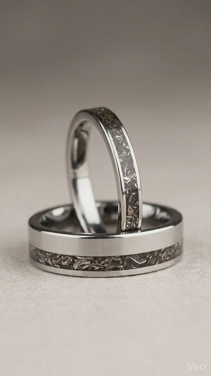 Meteorite Tungsten Wedding Ring Set, His and Hers Promise Rings