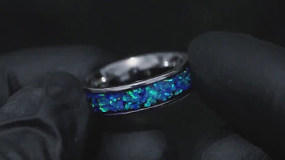 Blue Opal Tungsten Wedding Ring Set, His and Hers, Handmade Jewelry