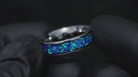 Blue Opal Tungsten Wedding Ring Set, His and Hers, Handmade Jewelry