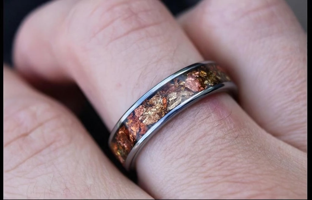 Golden Ember, Tungsten Wedding Band Set, Matching Couple Rings