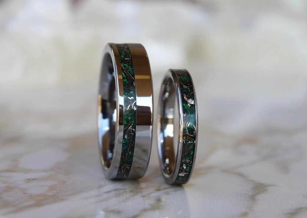 Real Meteorite And Green Opal Tungsten Ring Set, His and Hers Wedding Ring Set