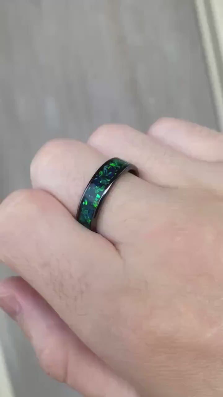 Green Opal Ceramic Engagement Ring, Handmade Wedding Band