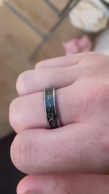 Meteorite Green Opal Tungsten Ring Set, His and Hers Wedding Bands