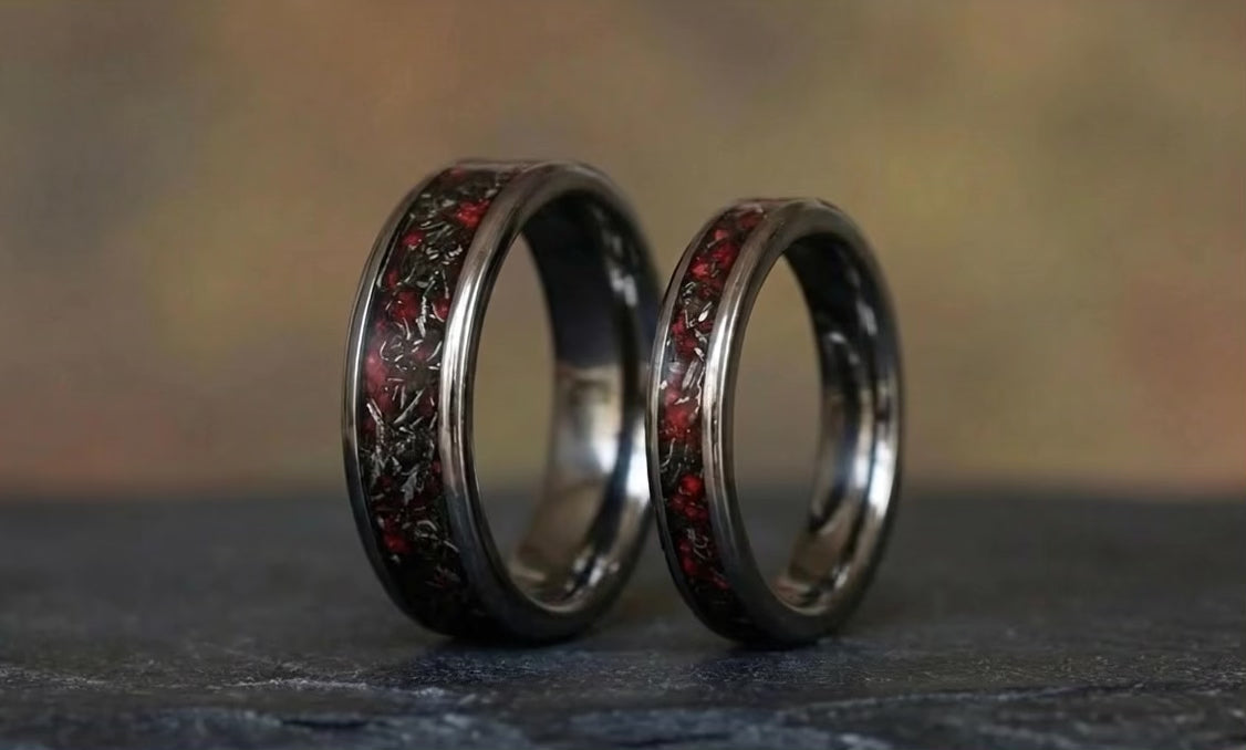 Real meteorite and red opal tungsten ring set engagement rings for her matching wedding bands rings his and hers promise rings jewellery