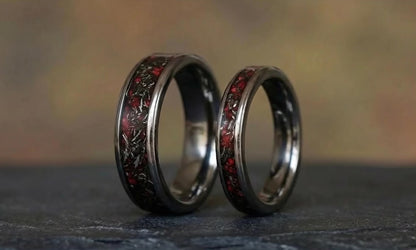 Real meteorite and red opal tungsten ring set engagement rings for her matching wedding bands rings his and hers promise rings jewellery