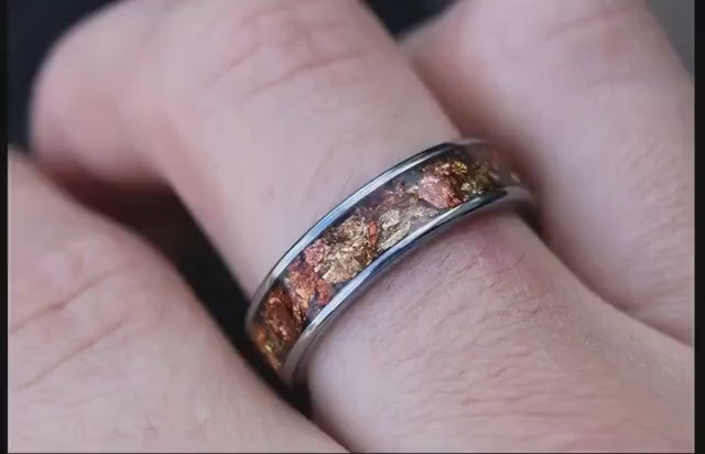 Tungsten Wedding Band Ring with Golden Ember Accents, Engagement rings, anniversary rings, silver wedding ring, rose gold ring, silver band