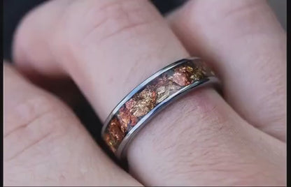 Tungsten Wedding Band Ring with Golden Ember Accents, Engagement rings, anniversary rings, silver wedding ring, rose gold ring, silver band