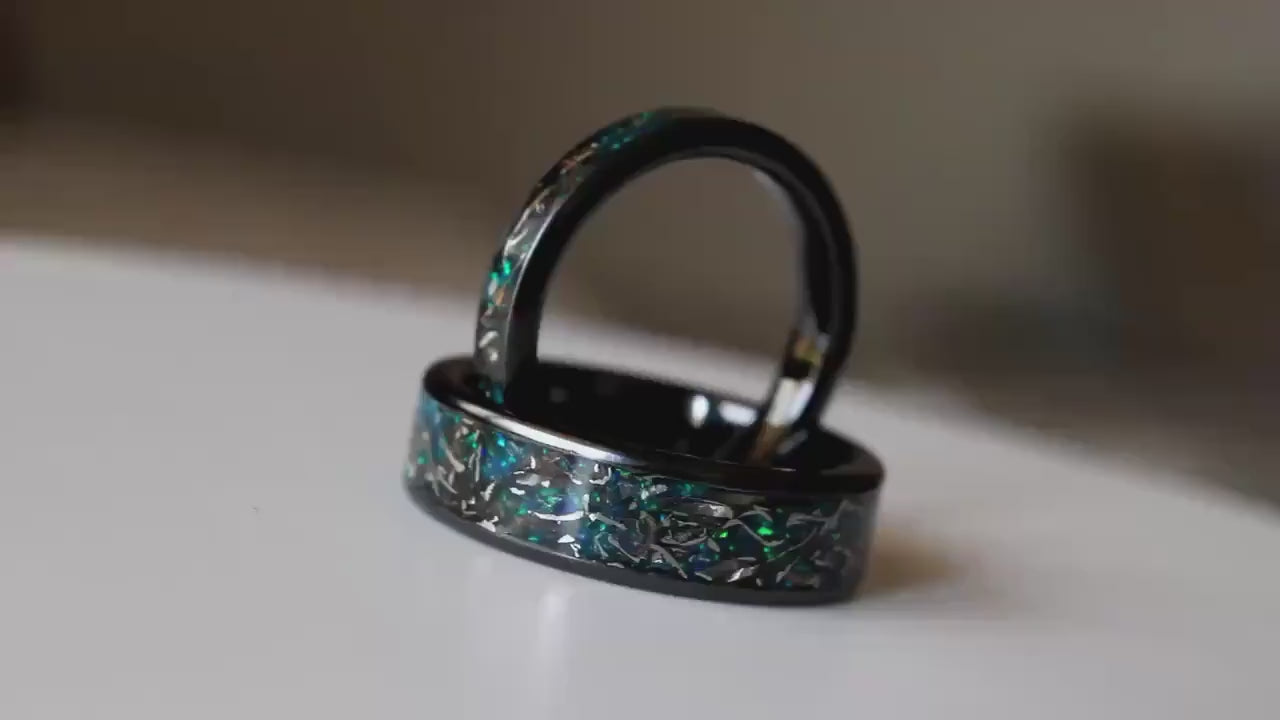 Real Meteorite and Blue Opal Ring Set, Titanium Carbide His & Hers Wedding Bands
