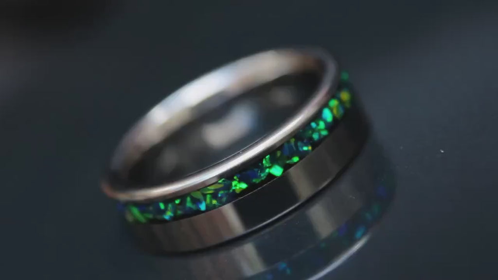 Dark green opal with blue flash, tungsten his and hers  handmade engagement ring set wedding rings for men anniversary ring