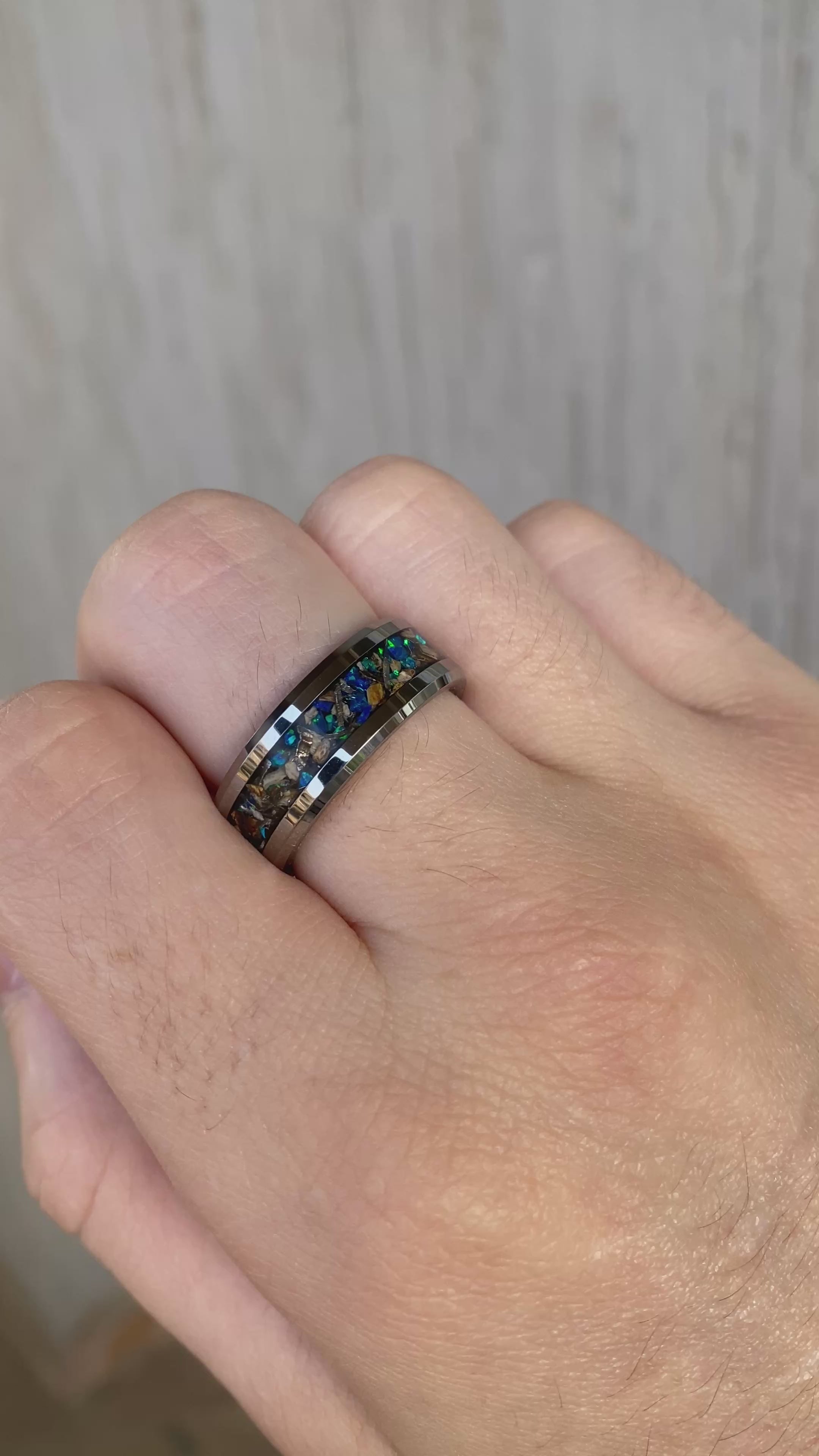 Real dinosaur bone, meteorite and blue opal, tungsten ring