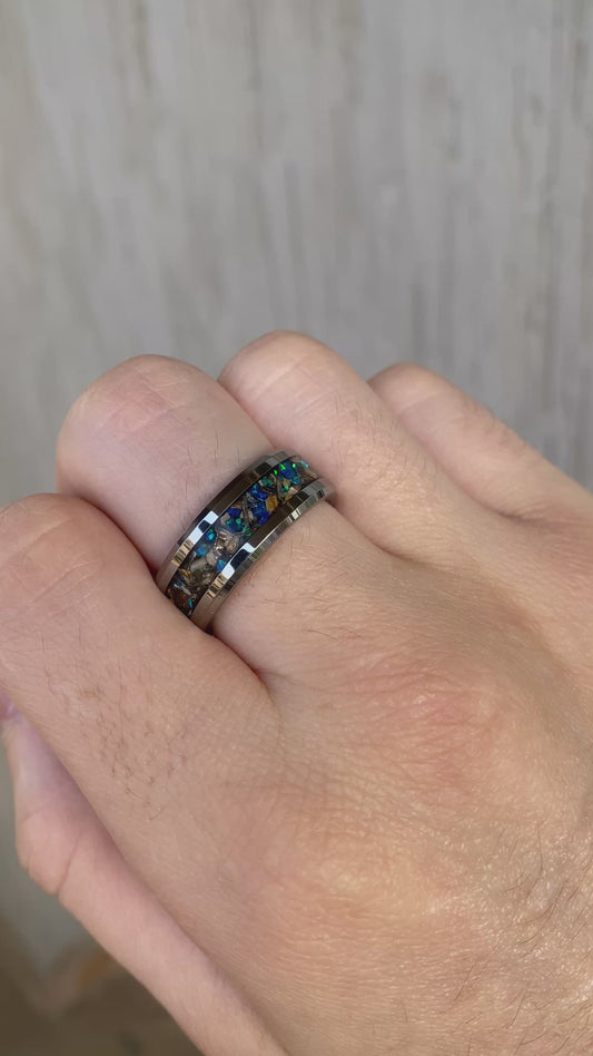 Real dinosaur bone, meteorite and blue opal, tungsten ring